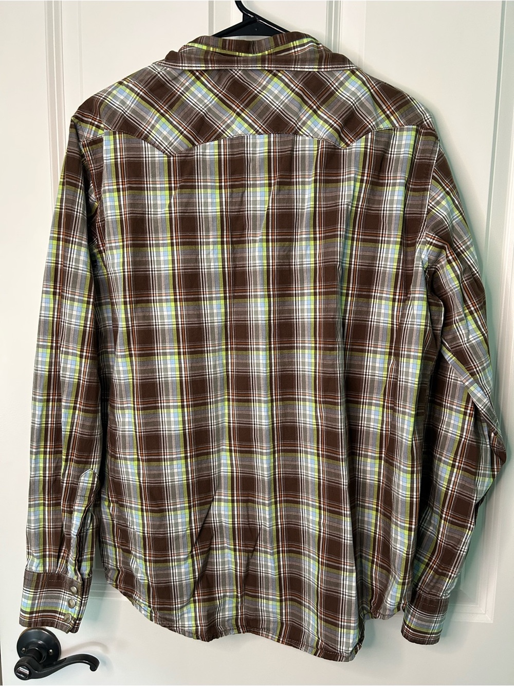 Wrangler Brown Plaid Button-Down Western Shirt with Green Accents Vintage 90s - Picture 5 of 8